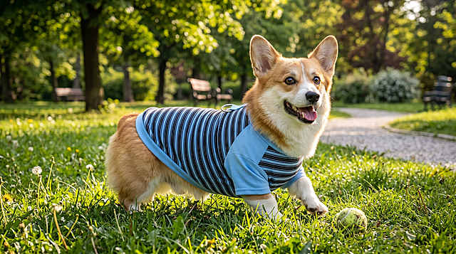 柯基狗狗穿着图中的蓝黑条纹狗狗衣服在公园开心玩耍，保留衣服主体特征不变，超清，细节丰富，真实自然
