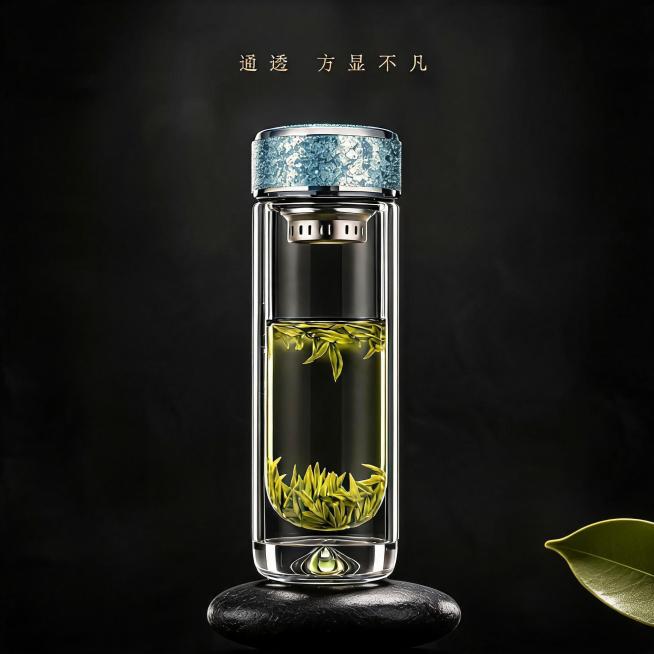 不改变杯子造型、细节和文字，生成简约有意境暗黑风格主图：纯黑背景，放一块天然黑色鹅卵石承托，角落点缀一片橄榄绿叶子，简约自然，色彩呼应蓝色杯盖，低暗调高级，8K超高清商业静物摄影预览效果