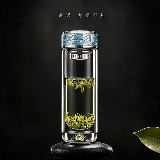 不改变杯子造型、细节和文字，生成简约有意境暗黑风格主图：纯黑背景，放一块天然黑色鹅卵石承托，角落点缀一片橄榄绿叶子，简约自然，色彩呼应蓝色杯盖，低暗调高级，8K超高清商业静物摄影