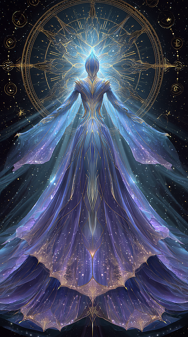 Ethereal cosmic essence with iridescent star-map skin (shifting cyan to rose gold), glowing silver celestial veins branching like constellations; wispy tendrils of luminous mist replacing hair, flowing into the void; billowing sheer fabric in deep violet and gold (weave of stardust, iridescent folds), adorned with floating geometric sacred symbols; dark nebula background with radiating prismatic light beams, circular glowing runes suspended in mist; symbolist art style, transcendental sacred aura, soft diffused lighting, ultra-detailed stardust and fabric textures, 4K wallpaper, majestic and otherworldly