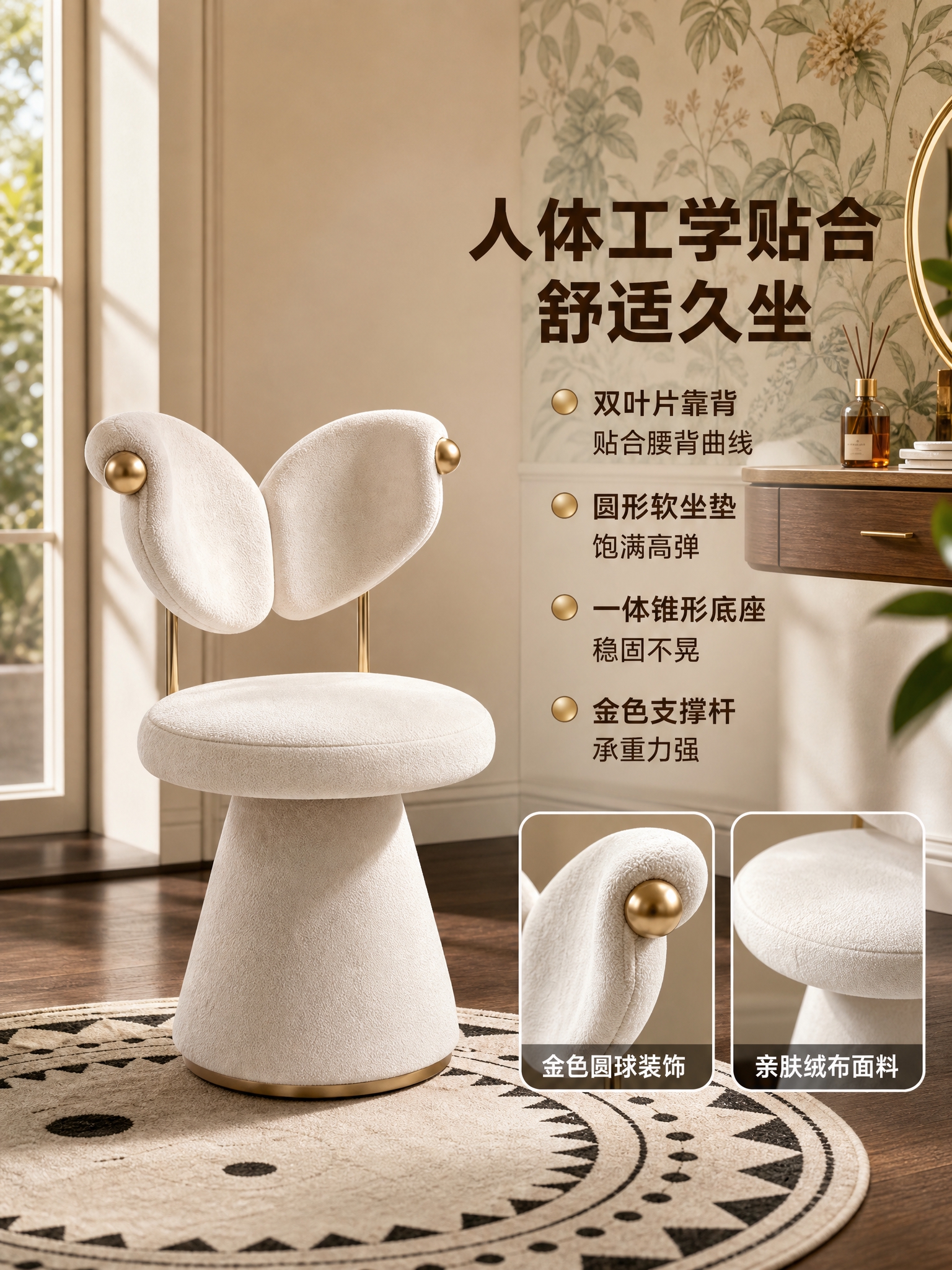 [主图-2] 椅子结构与人体工学亮点，展示蝴蝶靠背的贴合支撑与… - 图片创意预览