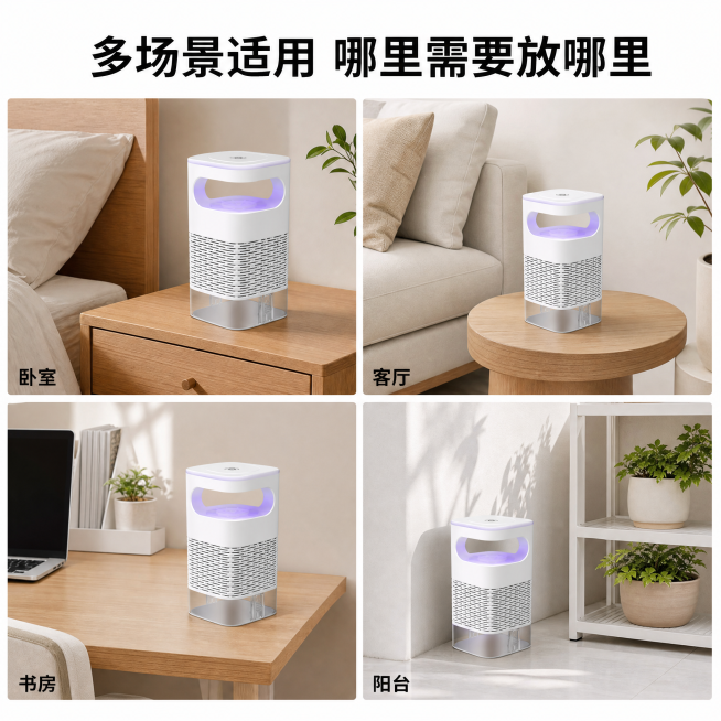[主图-4] 灭蚊灯多场景适用展示宫格图。
[氛围风格] 真实居家生活场景，亲切自然，生活化代入感。
[画质] 商业摄影质感、光线柔和通透、产品清晰真实、画面干净高级。
[元素] 将画面分成四宫格，分预览效果