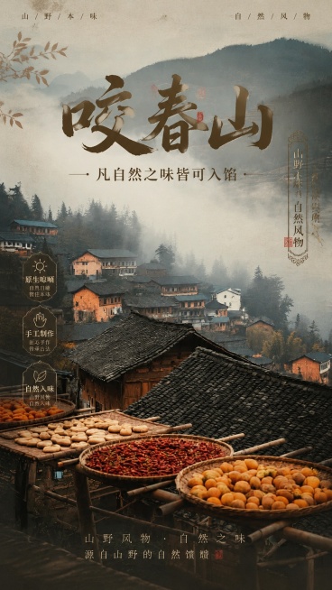 基于参考图生成新中式乡野风格食品宣传海报，保留原图晨雾缭绕的古村落山野氛围，前景保留竹编簸箕晾晒的橙红色果干食材。画面主标题为“咬春山”，副标题为“凡自然之味皆可入馅”，装饰文案“山野本味”“自然风物预览效果