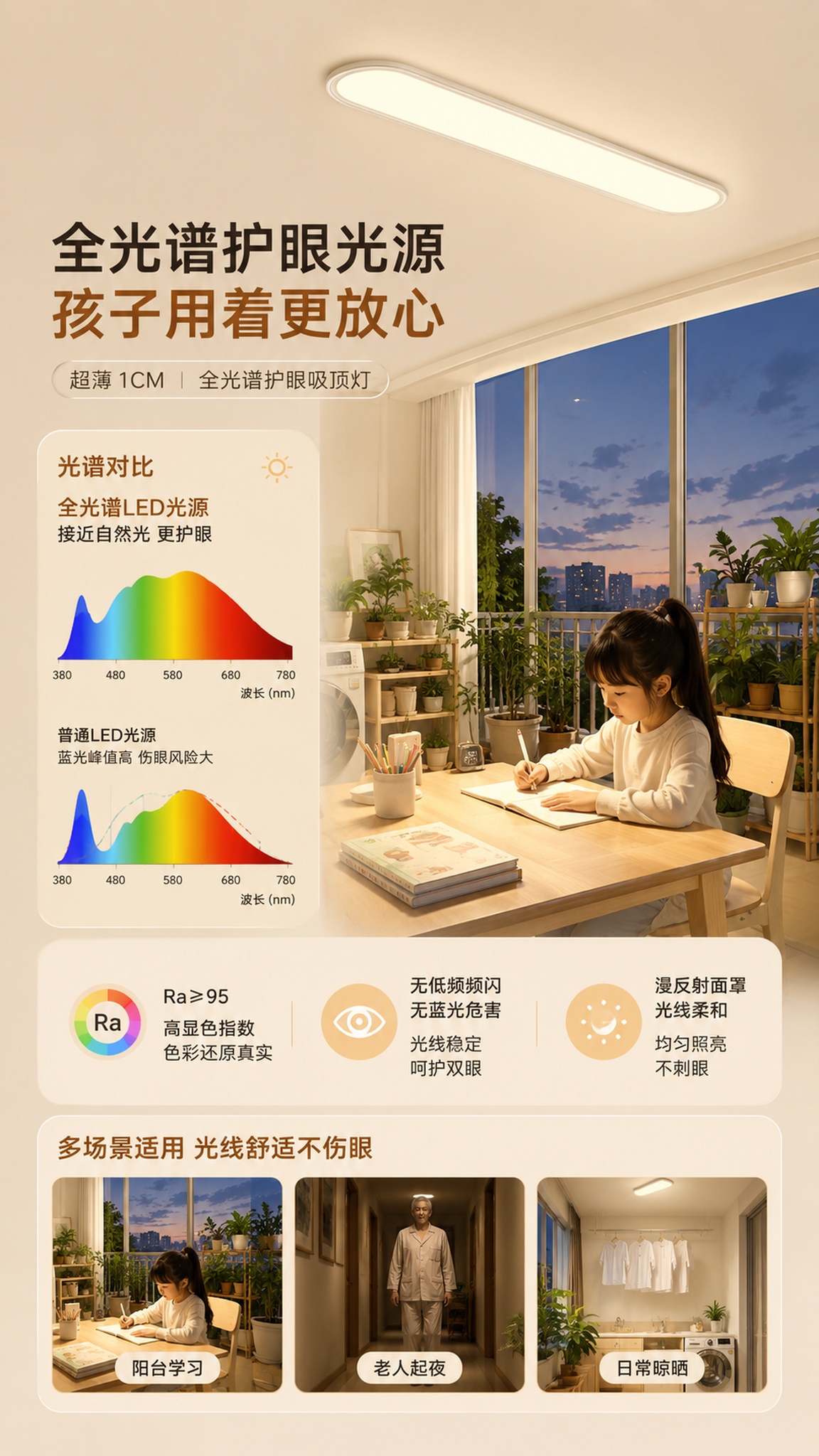 参考图2的暖黄米色调，设计全光谱护眼吸顶灯宣传图，版式布局：左… - 图片创意预览