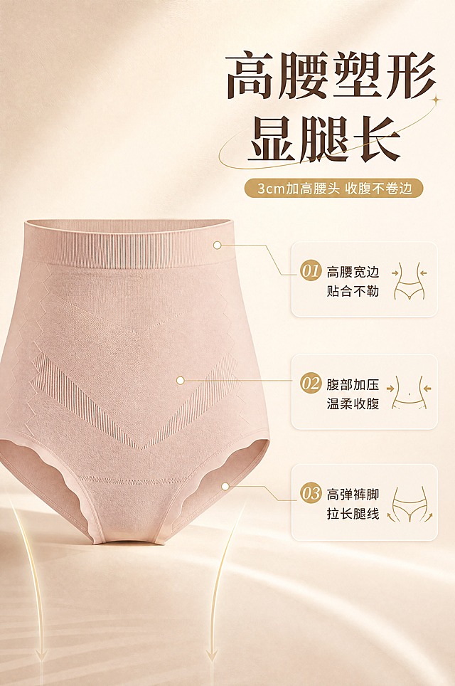 [商品] 使用【图5】浅米色生姜暖宫高腰内裤正面；商品处理：保留高腰宽边腰头、腹部V形纹理暖宫区、裤脚波浪边、整体高腰版型；自然理顺褶皱，增强腰头弹力纹理和针织质感，不改变版型结构和颜色。
[画面] 目标：高腰版型解析页，突出高腰剪裁拉长腿部线条、收腹塑形效果；构图：左产品右文案，产品位于左侧占画面约50%，右侧用金色引线从高腰腰头、腹部、裤脚引出三个标注点；背景浅米色渐变，底部有拉长腿部线条的视觉示意线条；阅读动线从左到右。
[视觉] 套系策略：风格=高级轻奢商业摄影，浅米金调，精致柔和；标题字=现代衬线粗体，优雅有质感；正文字=简洁无衬线体；主色=浅米色（奶油米杏）；背景延展=基于浅米色做深浅层级、同色渐变和细腻织物/哑光纸张质感；强调色=香槟金色，仅用于小面积图标、引线、标签和装饰线条；标题色=深棕褐色；正文色=暖灰褐色；组件=圆角浅底信息卡、金色细线引线、精致小图标；光影=左前侧暖柔光，柔和阴影，高级影棚质感。
[文字] 右上主标题「高腰塑形 显腿长」，副标题「3cm加高腰头 收腹不卷边」；右侧三个引线标注：①高腰宽边 贴合不勒 ②腹部加压 温柔收腹 ③高弹裤脚 拉长腿线；文字全部横向排版，层级清晰。
[规格] 图片比例2:3竖版，4K分辨率，避免变形、错字、文字过小、冷蓝/蓝灰背景、产品颜色改变、版型失真、低俗擦边、极限词。