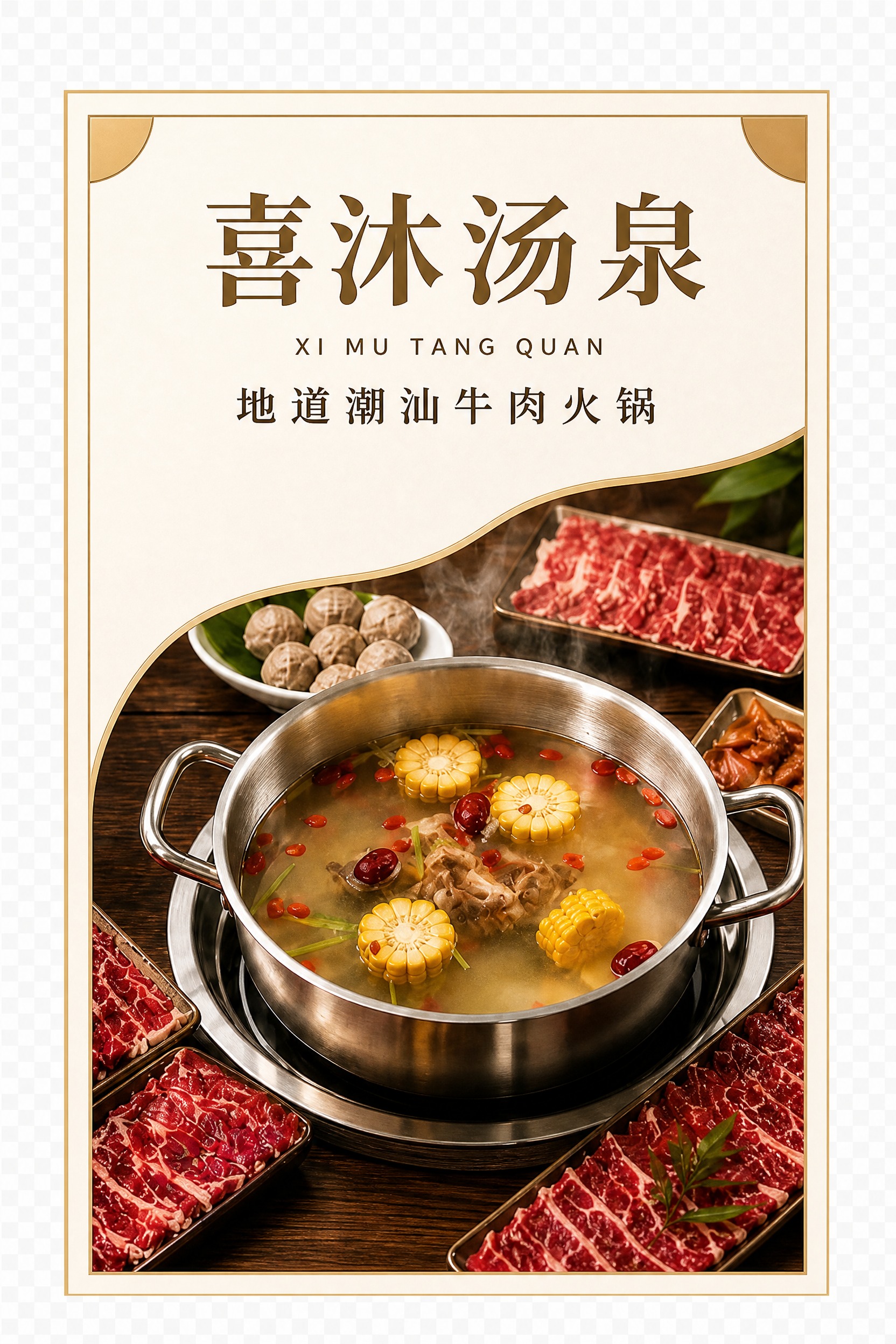 提取中间主画面立牌板块，新中式轻奢风格，米白色背景配浅棕金色描… - 图片创意预览