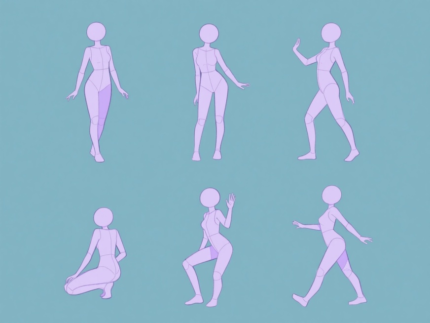 纯色背景上，六个不同完全动作的女性人体素描，规整排布成两行三列。采用淡紫色线条绘制，线条流畅简洁，具有动漫风格的人体比例，头部为圆形，身体结构用几何图形概括，四肢修长，动作包括站立、下蹲、抬手、迈步等，姿态各异且自然生动，整体呈现出清晰的速写感和动态表现力。预览效果