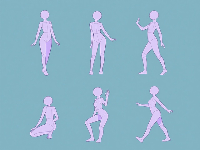 纯色背景上，六个不同完全动作的女性人体素描，规整排布成两行三列。采用淡紫色线条绘制，线条流畅简洁，具有动漫风格的人体比例，头部为圆形，身体结构用几何图形概括，四肢修长，动作包括站立、下蹲、抬手、迈步等，姿态各异且自然生动，整体呈现出清晰的速写感和动态表现力。