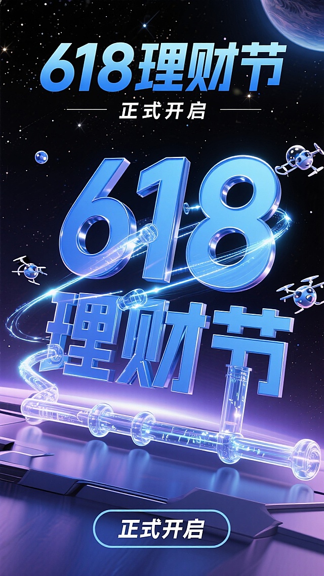 未来感十足的618理财节，3D大字风设计，科技感爆棚，引领潮流。