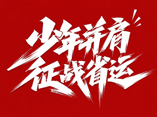 白色字体，红色背景，干净的背景，创意手写体字体设计五个字"少年并肩征战省运"，所有文字两行排列，将字体进行大幅度抽象变形。笔画粗重饱满，笔触带有自然飞白和枯笔纹理，所有转折锐利分明没有圆润过渡，主笔画夸张延长富有力量感，字间穿插紧凑，风格苍劲有力充满动感张力，右上角保留参考图三角形装饰笔触。画面中只能出现这五个字："少"、"年"、"并"、"肩"、"征"、"战"、"省"、"运"，不得出现参考图中的原文字，不得增加、遗漏或替换任何一个字。文字整体必须完整呈现在画面内不可被裁切，四周留有安全边距。比例4:3