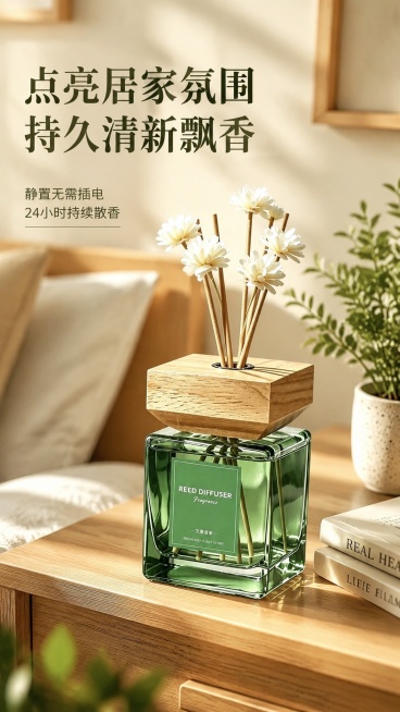 [第5屏] 氛围感场景展示，500ML艾草香茅香薰卧室空间使用展示。本屏使用【图1】作为商品主体。
[氛围/风格] 温馨治愈家居氛围感，柔和自然光，舒适放松的生活感
[元素布局] 香薰放置在卧室床头柜预览效果