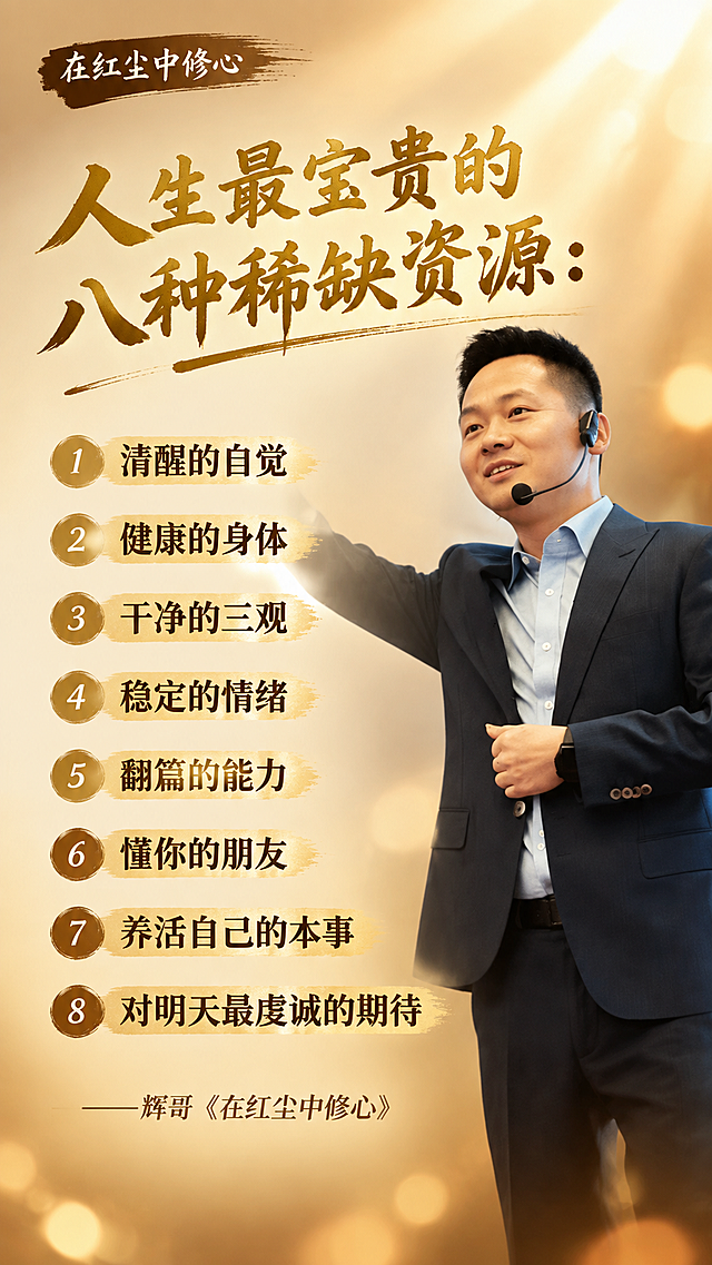 个人IP金句海报，竖版9:16，明亮温暖的暖棕金色调，清单式排版，清晰有质感。人物必须完全保留原图中的真实样貌，100%还原本人形象，只更换背景和添加文字，人物面部和身体不得有任何重绘和变形。画面右侧是穿深色西装的亚洲男性讲师半身像，人物完全保留原图样貌，清晰真实，光影柔和有质感。背景替换为明亮的暖金色渐变，有淡淡的光束和虚化光斑，暖棕金调，通透温暖有层次感，四周轻微暗角，电影质感。文字排版：左上角有栏目名「在红尘中修心」。画面左侧及中部为文字区域，采用清单式结构排版，条理清晰。顶部大标题：「人生最宝贵的八种稀缺资源：」，金色书法大字。下方八条资源，分两列或整齐排列，每条开头关键词金色高亮，清晰易读：「清醒的自觉」「健康的身体」「干净的三观」「稳定的情绪」「翻篇的能力」「懂你的朋友」「养活自己的本事」「对明天最虔诚的期待」。八条排列整齐，行距舒适，关键词突出。底部署名：「——辉哥《在红尘中修心》」。整体排版条理清晰，信息量大但不拥挤，易读性强。色调明亮温暖有力量。人物必须与原图一模一样，不得改变样貌。严格按照用户提供的原文排版，不新增任何额外内容，八条必须完整呈现。画面中必须完整且仅呈现以下文字信息：人生最宝贵的八种稀缺资源：清醒的自觉，健康的身体，干净的三观，稳定的情绪，翻篇的能力，懂你的朋友，养活自己的本事，对明天最虔诚的期待。——辉哥《在红尘中修心》。在红尘中修心。