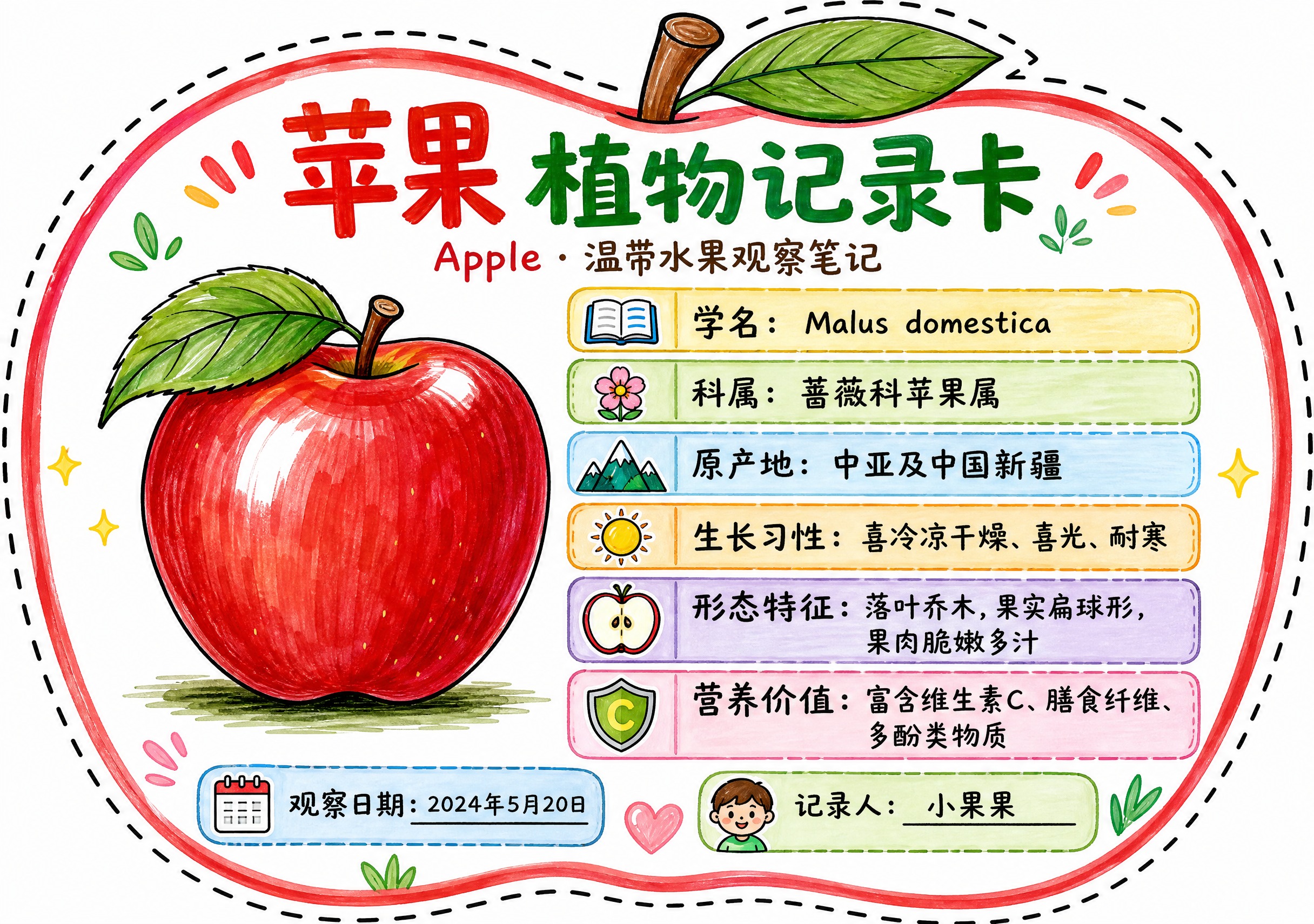 一张苹果异形植物记录卡，整体为苹果轮廓造型，沿苹果外轮廓有一圈… - 图片创意预览