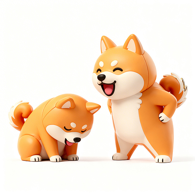 更换这个柴犬IP的动作姿势，生成坐着、歪头、歪脑袋鞠躬、叉腰等不同动作造型，保留原IP橙白配色、可爱3D潮玩风格，白色干净背景