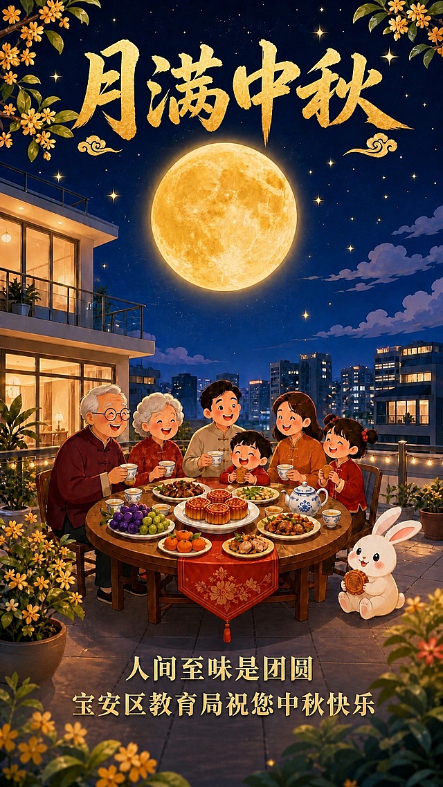 基于这张中秋竖版海报做一处修改：将海报顶部的主标题“中秋快乐”改为“月满中秋”，其余所有内容保持不变——包括巨大金色圆月、一家人围桌团圆吃饭的卡通场景、现代风格房屋、深蓝夜空与红金装饰，以及底部两行居中文字“人间至味是团圆”和“宝安区教育局祝您中秋快乐”。修改后主标题“月满中秋”使用与原来同样醒目美观的字体风格，文字清晰准确，与整体版式协调。