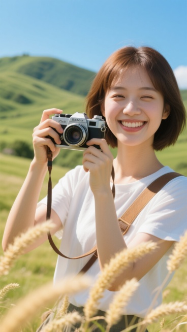 阳光明媚的户外场景，一位年轻女性手持复古胶片相机（带有品牌标识）正对着镜头拍照，她面带灿烂笑容，眼睛因阳光微微眯起，棕色短发，穿着白色上衣，肩上挎着相机带。前景有模糊的金色草穗，背景是开阔的绿色山坡和清澈的蓝天，整体呈现明亮、温暖的自然光效果，色彩鲜艳饱和，具有清新、愉悦、充满活力的氛围，照片质感细腻，细节清晰，构图以人物为中心，背景有适当景深，突出主体。预览效果