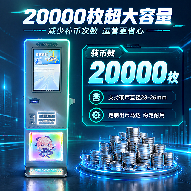 [商品] 使用【图1】自助售币机正面图；保留整机结构和外观；商品处理：产品居画面一侧，正面展示，保留灯带效果。
[画面] 主图第5张-容量优势图，目标突出20000枚大容量卖点。左右分栏构图，左侧产品占画面40%，右侧大容量数据可视化展示；深灰蓝科技背景；右侧有硬币堆叠示意图和大容量数字，视觉冲击力强。
[视觉] 套系策略：风格=数据感科技主图，强调容量优势；标题字=粗黑无衬线科技字体；正文字=简洁无衬线体；主色=深灰蓝+青绿色霓虹；背景延展=深灰蓝渐变，有数据线条和粒子；强调色=青绿色霓虹光；标题色=纯白；正文色=浅灰蓝；组件=数据卡片、容量示意图、发光数字；光影=左侧产品正面光，右侧数据区发光效果。
[文字] 顶部主标题"20000枚超大容量"，副标题"减少补币次数 运营更省心"；右侧数据区："装币数 20000枚"大字突出，下方补充"支持硬币直径23-26mm"、"定制出币马达 稳定耐用"；全部文字横向排版，数字醒目。
[规格] 图片比例1:1方形，4K，medium质量。避免变形、错字、文字过小、容量数据错误。