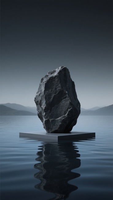 极简主义摄影风格，深色背景展台设计，展台主体为一块悬浮于平静水面的不规则深色岩石展台，岩石表面呈现自然的粗糙质感与细微纹理，展台在水面形成清晰对称的倒影，水面泛着柔和的蓝色光泽并带有轻微涟漪，背景是渐变的深灰色天空与朦胧的远山轮廓，整体色调以深灰、蓝灰为主，营造出宁静、沉稳、高级的氛围，光线柔和均匀，突出展台的立体感与材质感，画面构图简洁，留白充足，视觉焦点集中于中央的岩石展台，体现出自然、简……预览效果