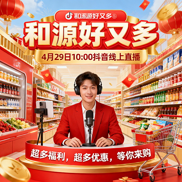商超直播宣传海报，明亮喜庆风格，主题是和源好又多抖音线上直播，画面醒目展示文字"和源好又多"，下方标注"4月29日10:00抖音线上直播"，底部配文"超多福利，超多优惠，等你来购"，整体充满促销氛围，吸引观众点击观看。