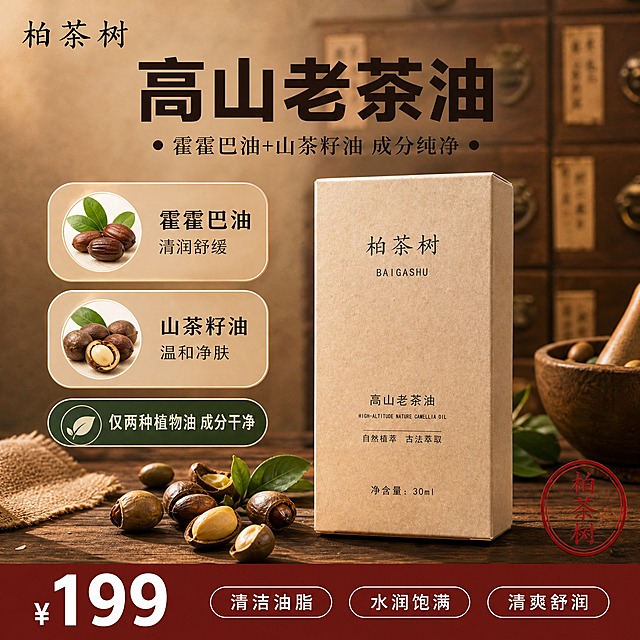 [单张主图] 柏茶树高山老茶油 爆款促销感主图 首图承担点击理解信任转化四个任务 参考原图版式结构但替换产品为柏茶树品牌 保留暖棕复古药柜风格和上下分层信息结构 做差异化调整：品牌名改为柏茶树 英文改为BAIGASHU 底部slogan改为自然植萃 古法萃取 去掉使用前后对比图 改为成分原料展示 价格数字和卖点标签保留位置但内容适配新品

[画面主体] 主体为柏茶树高山老茶油牛皮纸包装盒 正面朝向观众略偏左45度角 盒子为浅棕色牛皮纸材质 表面有细腻纸纹 正面印有黑色文字：柏茶树 BAIGASHU 高山老茶油 HIGH-ALTITUDE NATURE CAMELLIA OIL 自然植萃 古法萃取 净含量:30ml 产品占画面右侧约45% 放置在深棕色木质桌面上 底部有真实接触阴影 盒子前方散落若干山茶籽和霍霍巴籽 带新鲜绿叶 产品外观必须与输入产品图完全一致

[构图版式] 采用顶部大标题型+左右分栏变体 顶部25%区域放品牌和主标题 左侧40%放成分卖点 右侧放产品主体 底部20%放价格通栏和卖点胶囊 信息层级：主标题>价格>产品>辅助卖点

[场景元素] 背景为中式复古中药柜场景 深棕色木质药柜 带铜制拉手 抽屉上贴有小标签 背景做虚化处理 前景为深棕色老木纹桌面 有自然木纹纹理 左下角散落山茶籽 霍霍巴籽 绿叶 麻布片 右侧有一个木制研钵 内装少量茶籽 右下角有一个圆形红色印章 印文为柏茶树 整体氛围古朴天然 有传统草本药铺的质感

[文案版式] 左上角放品牌名「柏茶树」 黑色书法字体 顶部居中放超大主标题「高山老茶油」 深棕色粗黑体 主标题下方一行小字「霍霍巴油+山茶籽油 成分纯净」 两侧带小圆点装饰 左侧中部上下排列两个圆角矩形卖点卡片：第一个卡片左侧圆形图标内有霍霍巴籽和绿叶 右侧文字「霍霍巴油 清润舒缓」 第二个卡片左侧圆形图标内有山茶籽 右侧文字「山茶籽油 温和净肤」 左侧下方一个带叶子图标的圆角标签「仅两种植物油 成分干净」 底部深红色通栏 左侧超大白色数字价格「¥199」 右侧三个白色描边圆角按钮 分别为「清洁油脂」「水润饱满」「清爽舒润」 右下角圆形红色印章「柏茶树」

[光影质感] 暖调自然光从左上方斜射 产品左侧受光 右侧有柔和阴影 牛皮纸盒表面有细腻纸纹反光 木质桌面有自然明暗变化 背景药柜有景深虚化 整体光影柔和温暖 商业摄影质感 产品边缘清晰 无悬浮感

[配色字体] 主色调为暖棕色系 深棕 浅棕 米白 点缀色为暗红色（价格栏和印章） 深绿色（叶片） 主标题用粗黑体 深棕色 辅助文字用常规黑体 价格数字用超粗黑体 白色 品牌名可用书法风格字体

[比例分辨率] 1:1 2048x2048 2K分辨率 文字清晰可辨 产品细节清晰

[负向提示词] 产品变形 盒子比例失调 文字错字 模糊 水印 平台logo 多余手指 人物面部 背景杂乱 颜色偏差 牛皮纸变成其他材质 悬浮感 边缘硬切 古林奇草字样 GULINQICAO字样