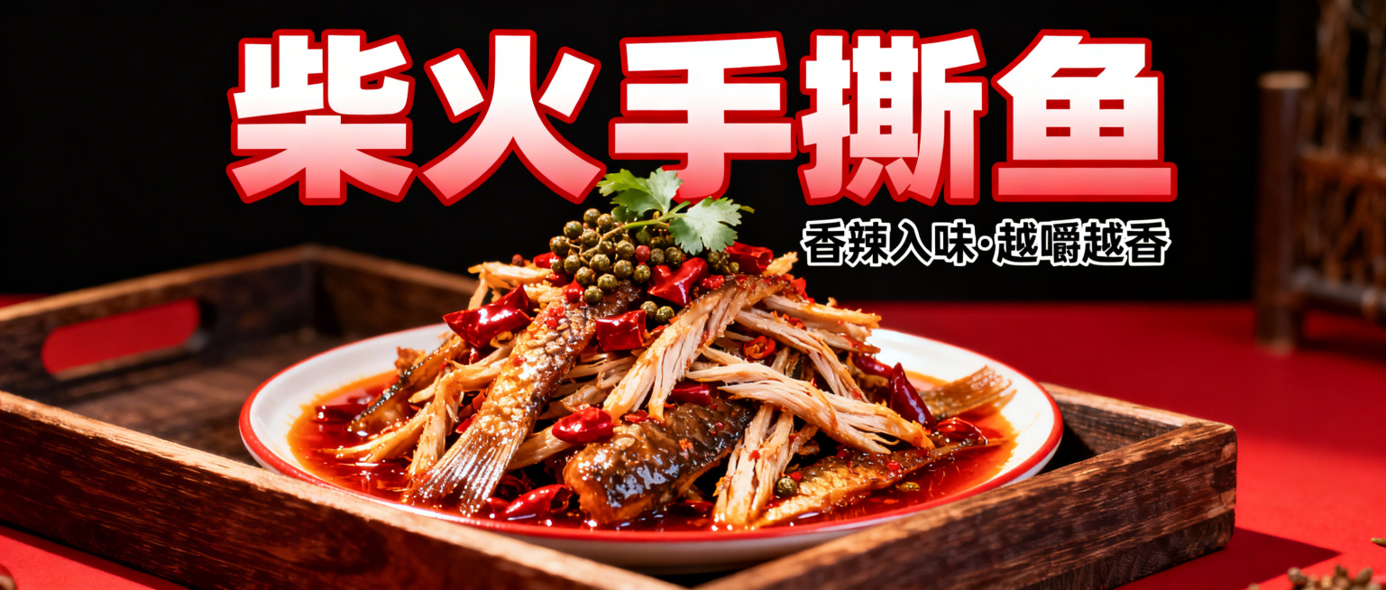 美食公众号首图，香辣柴火手撕鱼产品宣传，结合三张参考图的产品样貌，生成一盘香辣手撕鱼，加上主标题文字"柴火手撕鱼"和副标题，红黑配色，食欲感满满预览效果