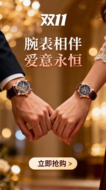 温馨浪漫的场景，一对时尚情侣的手温柔相握，两人手腕都佩戴着优雅的奢华手表，表盘细节精致，表带质感高级。背景是柔和、温暖的黄金光虚化效果，营造出梦幻氛围。图片顶部有醒目的“双11”Logo，设计时尚醒目预览效果