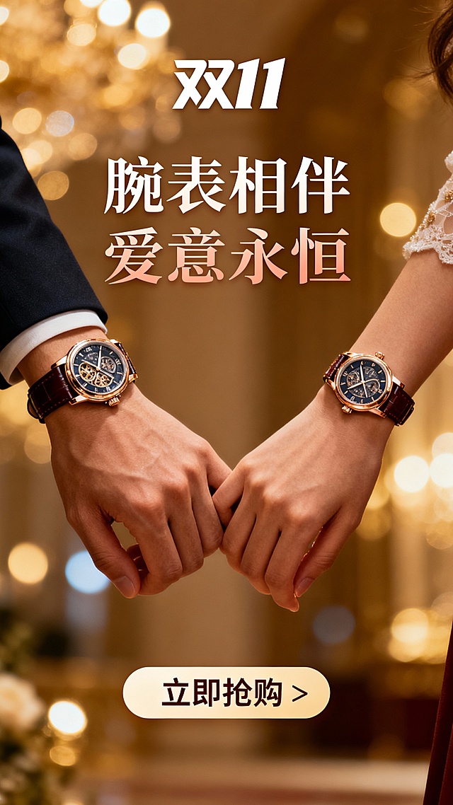 双色设计风融合鎏金与金属质感，重拟物风格呈现欧洲宫廷艺术氛围，奢华浪漫中透出优雅商务气息，实景感光影烘托温馨爱意，双11腕表相伴，爱意永恒。