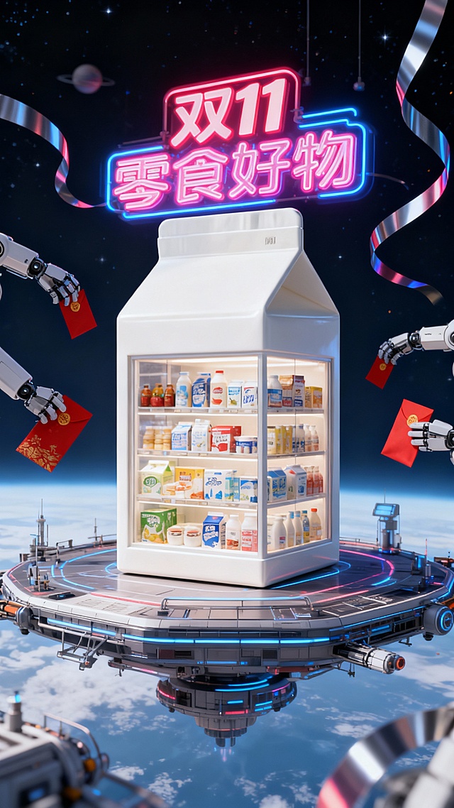 赛博朋克风3D场景，霓虹灯辉映的“双11零食好物”主题，悬浮平台上的巨型牛奶盒冰箱满载商品，机械臂递送红包，科技感与促销氛围交融，未来感十足。