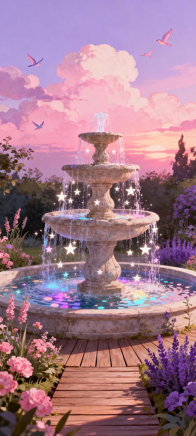 梦幻水彩插画风，喷泉流淌星光粒子，花丛环绕，飞鸟掠过粉紫晚霞，营造浪漫温馨的虚拟自然场景。