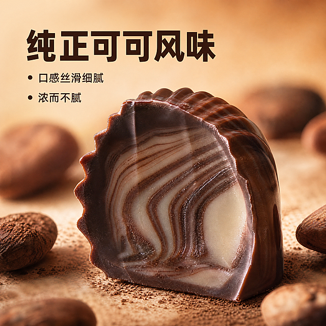 [主图-2] 雨花石巧克力细节卖点主图，突出产品口感与纹理。[氛围风格] 专业品质电商风，突出细节诱人食欲；[画质] 商业摄影质感，光线柔和通透，产品清晰真实，画面干净高级，保持巧克力外观（物理结构、材质质感、颜色）与输入产品图绝对一致，杜绝任何变形和色差，精细化处理。商品主体占比约75%，画面满屏无边框。[元素] 微距特写单颗雨花石巧克力，展示其类似雨花石的大理石纹理切面，凸显丝滑细腻质地。背景为浅棕色渐变，搭配散落的可可豆点缀，聚焦产品细节。[光影] 自然暖阳逆光，突出巧克力丝滑光泽与通透纹理，高光勾勒轮廓，凸显浓郁可可质感。[配色] 主色调为深浅巧克力棕，搭配米白纹理对比，层次分明。[视角构图] 微距特写，焦点清晰落在巧克力纹理上，浅景深背景虚化突出主体。[文字版式] 顶部负空间左对齐，大字主文案：
"纯正可可风味"
下方分点排列辅助卖点：
口感丝滑细腻
浓而不腻
大字使用深棕色粗体最大号，卖点小字约为大字一半大小，左对齐排列在负空间，不遮挡巧克力主体，深棕文字与浅底对比清晰。[比例分辨率] 1:1比例，2048px*2048px，2K分辨率，文字清晰锐利，画面超高清。[负向提示词] 变形，水印，文字错乱，产品图模糊，背景杂乱，文字遮挡主体。