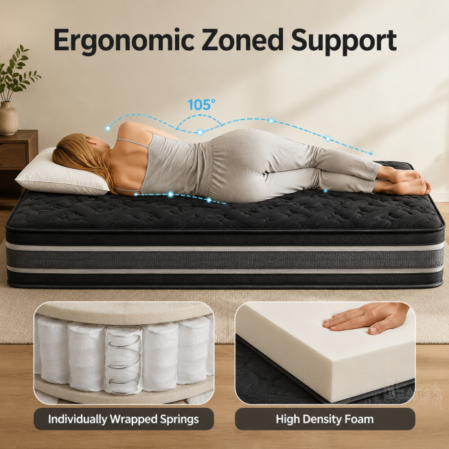 [Main Image 2] Ergonomic comfort function display of black mattress. 
[Atmosphere Style] Consistent预览效果