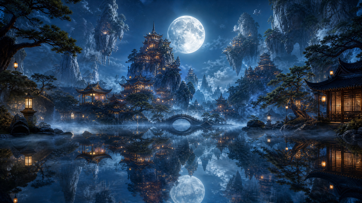 上古东方水月仙岛秘境，满月下的浮空奇峰仙宫，史诗级中式美学场景，极繁主义细节，极致静谧深邃纵深感，兼具空灵仙气与禅意氛围，对称构图，以湖面倒影与奇峰为引导线，强化从近景水面到远景满月的多层级空间延伸感预览效果