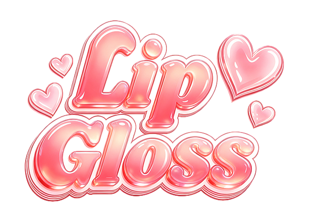 保持原有的颜色和风格不变，生成果冻状质感的Lip Gloss粉色渐变3D立体字，保留爱心装饰，白色背景，超级高清矢量图