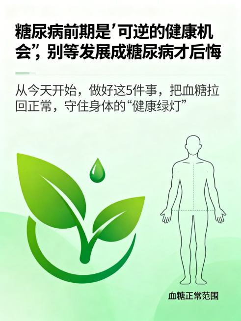 健康养生公众号尾图，主题：糖尿病前期逆转，标题：糖尿病前期是"可逆的健康机会"，别等发展成糖尿病才后悔，副标题：从今天开始，做好这5件事，把血糖拉回正常，守住身体的"健康绿灯"，整体风格简约清新，绿色预览效果