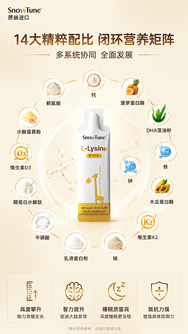 生成长高产品详情页，文案内容：14大精粹配比 闭环营养矩阵，多系统协同 全面发展，四个方向：高度攀升、智力提升、睡眠质量高、抵抗力强，14种成分：赖氨酸、钙、DHA藻油粉、水解蛋黄粉、菠萝蛋白酶、铁、锌、木瓜蛋白酶、维生素D3、维生素K2、酪蛋白水解肽、牛磺酸、乳清蛋白粉、镁，放置产品图[image1]在页面中心，整体色调参考第二张图片浅暖米色，版式设计参考第三张图片：环形排版展示各个成分，产品放置在中心，整体保持精致高端的保健品设计风格，顶部左上角保留品牌文字SnowTune 原装进口