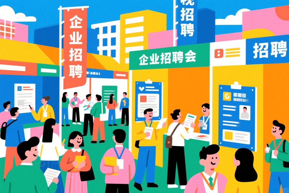 招聘会主题，企业招聘展位，求职者浏览招聘信息，热闹的求职招聘场景，扁平化风格设计，包含招聘海报和求职者人群，明亮积极的配色预览效果