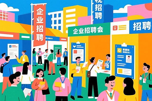 招聘会主题，企业招聘展位，求职者浏览招聘信息，热闹的求职招聘场景，扁平化风格设计，包含招聘海报和求职者人群，明亮积极的配色