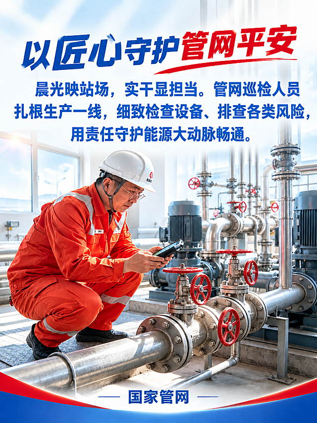 对这张企业宣传海报做局部修改：将画面中正文部分的文字整体加大一些，字体更大、更醒目，同时保持正文内容一字不差（正文为："晨光映站场，实干显担当。管网巡检人员扎根生产一线，细致检查设备、排查各类风险，用责任守护能源大动脉畅通。"）。主标题"以匠心守护管网平安"、底部落款"国家管网"、背景人物与管道场景、整体构图和配色均保持不变。