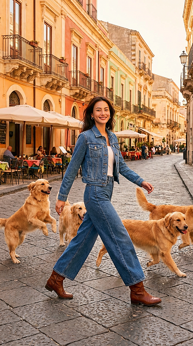 场景为欧洲街道旁，人物姿态舒展侧身大步走，身着牛仔潮流套装。在人的周围放很多金毛狗狗。时尚大片感。