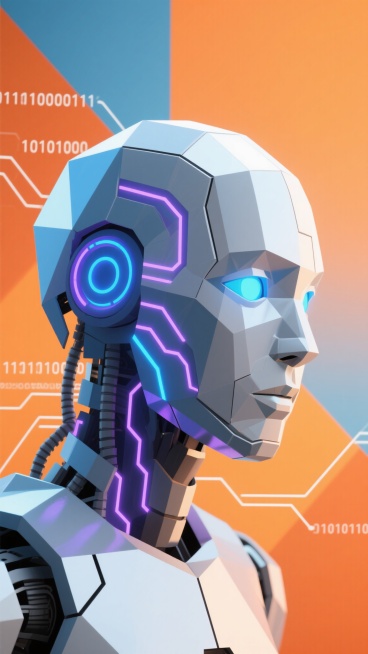 一个由几何多边形拼接而成的抽象AI机器人头部侧面像，采用低多边形艺术风格，主体为银灰色金属质感，面部由蓝色和紫色的发光电路纹路构成，双眼散发着柔和的青色光芒，背景是由橙色和蓝色渐变构成的几何色块，点缀着白色的二进制代码和数据流线条，整体呈现出科技感十足的未来主义极简设计风格，具有强烈的视觉冲击力和现代艺术美感。预览效果