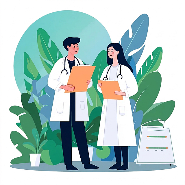 将图中两人的背景改为以绿色为主蓝色为辅的色调，保留原人物和整体插画风格不变