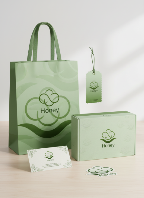参考这个LOGO，做一套女性家私品牌视觉设计，品牌名称为“Honey"，包括包装袋， 吊牌，纸盒，感谢卡，贴纸等。绿色渐变，清新，艺术感强。预览效果