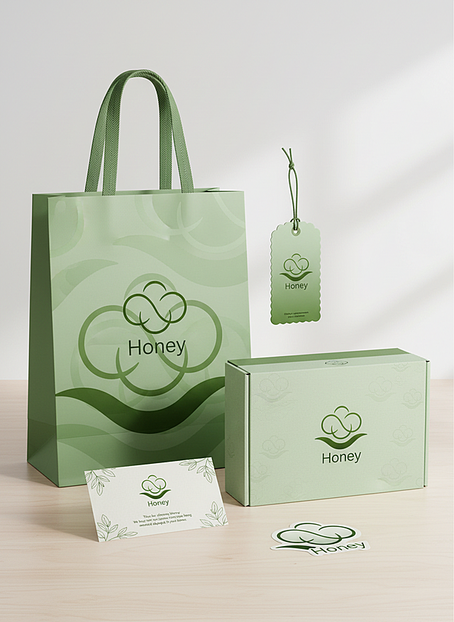 参考这个LOGO，做一套女性家私品牌视觉设计，品牌名称为“Honey"，包括包装袋， 吊牌，纸盒，感谢卡，贴纸等。绿色渐变，清新，艺术感强。