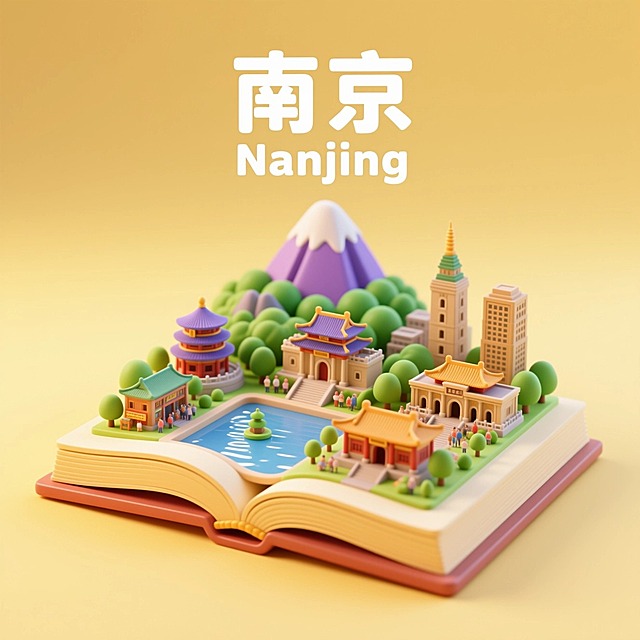 一本打开的古代书籍，书是打开的，书上是南京城市景观微缩模型，有南京的紫金山，中山陵，玄武湖，新街口，明故宫，总统府，上方有中文“南京”和英文“Nanjing”，整体画面生动，色调温暖明快，充满活力与朝气，具有梦幻感，背景为浅黄色渐变。