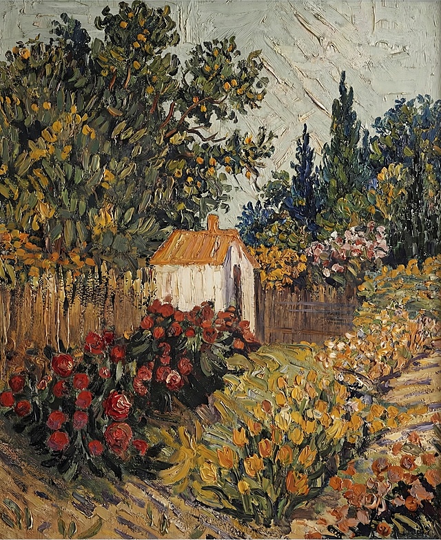 将画面左右两边的树木修改得更茂密，保持原有油画风格、色调、构图和比例不变