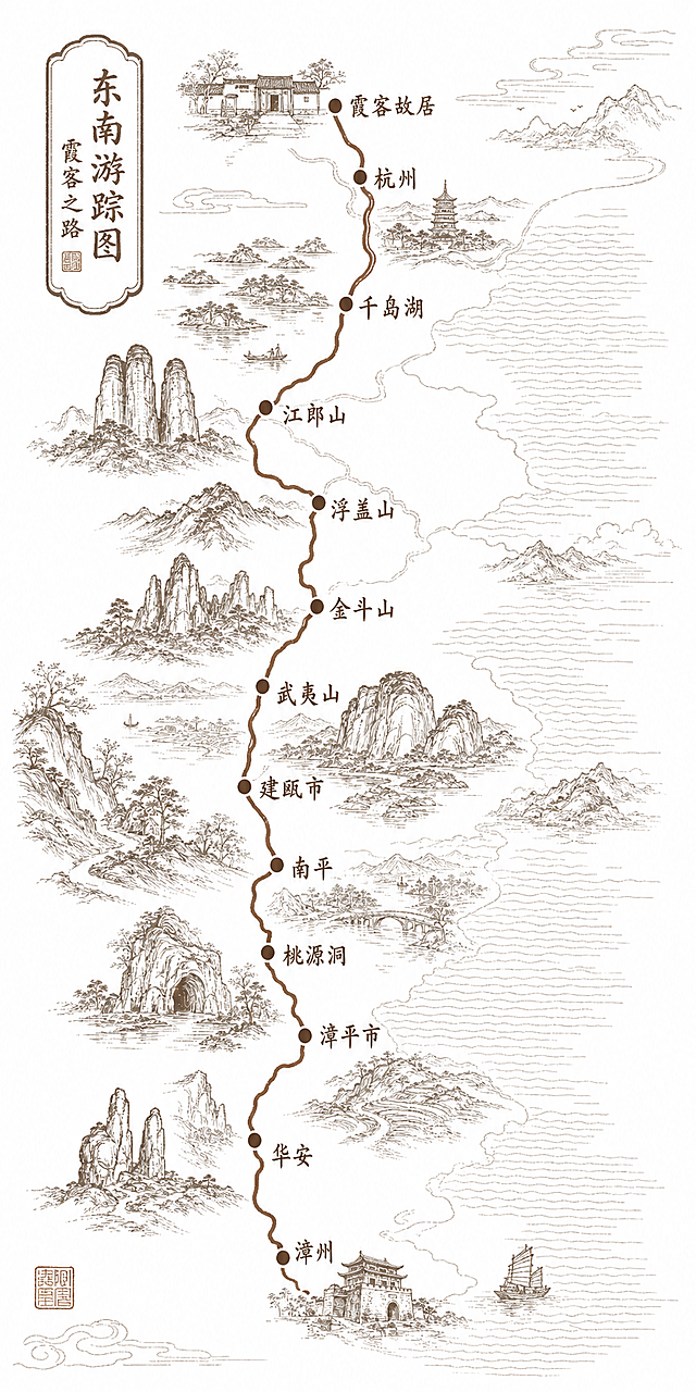 参考图中的复古手绘线条风格，重新生成旅行线路图，起始地点为霞客故居，途经地点依次是杭州、千岛湖、江郎山、浮盖山、金斗山、武夷山、建瓯市、南平、桃源洞、漳平市、华安、漳洲，采用棕色手绘线条标注路线，标注每个地点名称，保留中式复古手绘山水景点插画风格，背景为白色，保留原参考图的版式排版风格