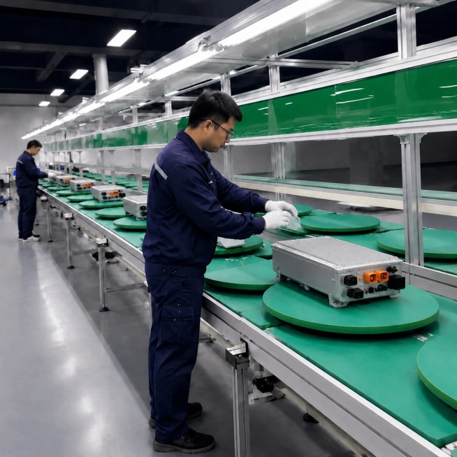 图生图修改，保留原图的工厂流水线、工人操作、整体构图和空间结构，只将图中所有空调产品替换为车载OBC车载充电机，保留产品放置位置和工人操作姿势，替换后车载充电机需要符合原图的透视、光影比例，与流水线和预览效果