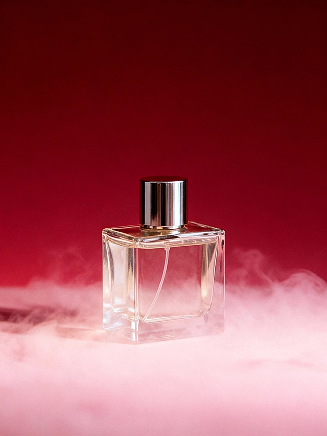 高级美妆商业摄影风格，柔美氛围感调性，画面整体采用酒红与浅粉的暖柔渐变配色，柔和朦胧的暖光色调；采用平视视角；场景为深红色渐变背景，搭配浅粉色朦胧烟雾元素；主体位于画面正中央区域，承载于浅粉色朦胧烟雾基底之上。暖光布光强化烟雾的朦胧感与主体的精致光泽，烘托出柔美高级的美妆氛围。