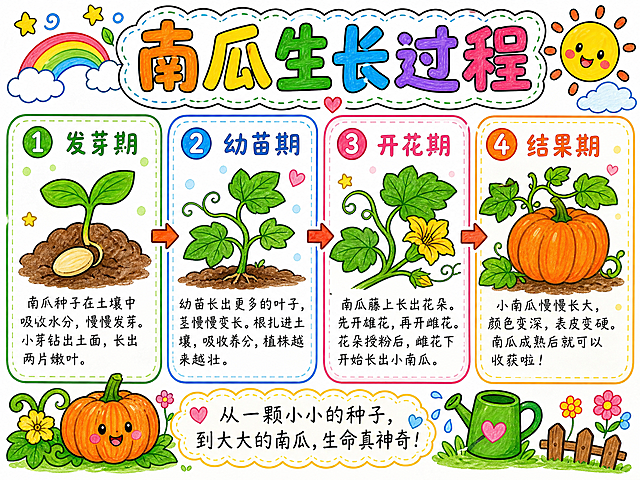 参考参考图的可爱卡通风马克笔手绘风格，制作南瓜生长过程科普手抄报，分四个生长阶段排列，每个阶段配卡通插图和简单文字说明，标题为"南瓜生长过程"，色彩鲜艳活泼，儿童科普风格，保留参考图的排版布局和马克笔纹理