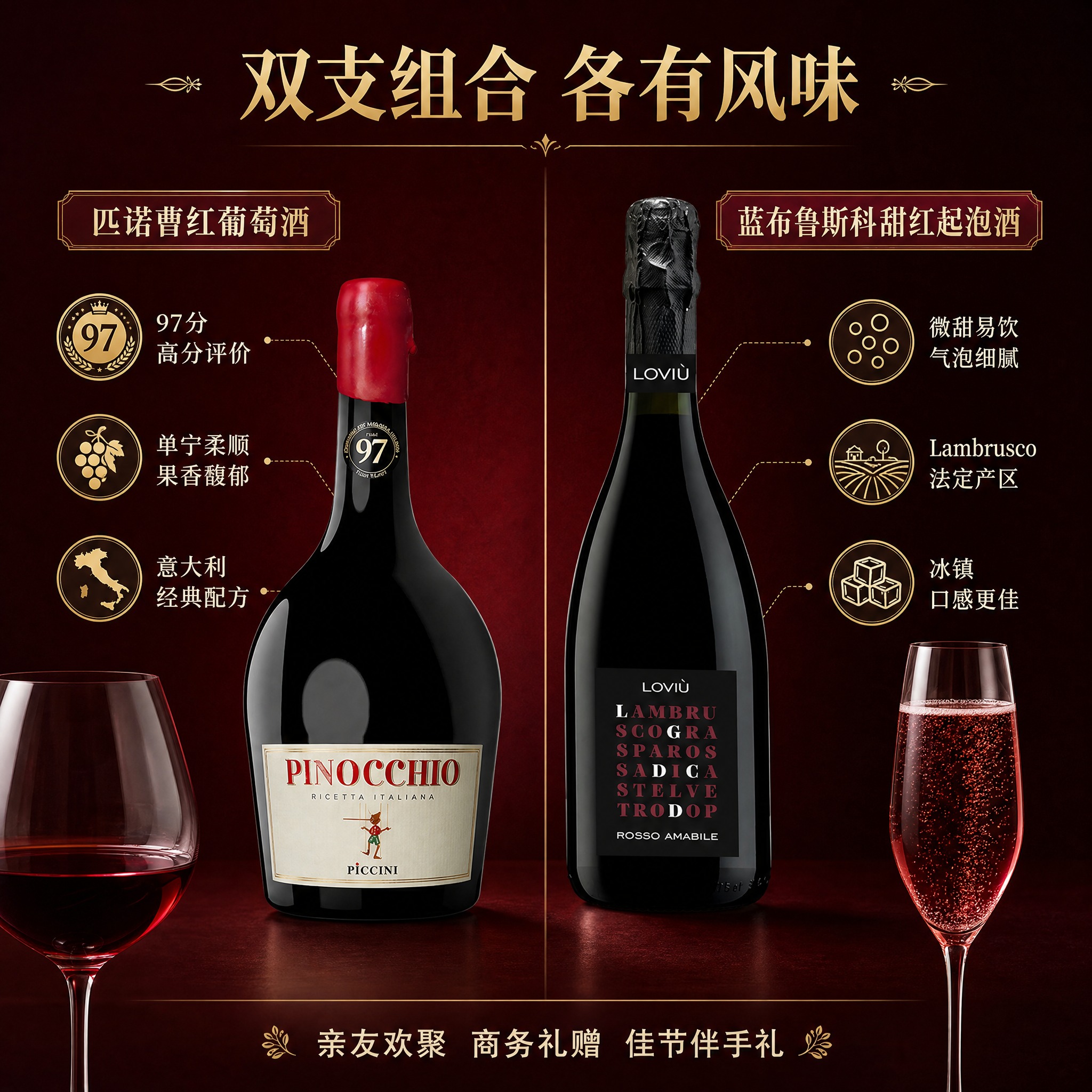 [主图-2] 双支红酒卖点信息图，详细展示两款酒各自的特色与口… - 图片创意预览